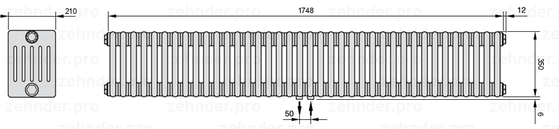 Схема (чертеж) Радиатор Zehnder Charleston 6035/38 №5410 Белый глянцевый RAL 9016